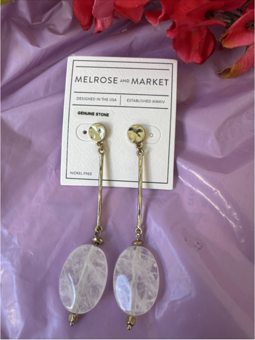 Melrose & Market Dangle Earrings Real Clear Quartz Crystal Stone Golden 3.3" NEW